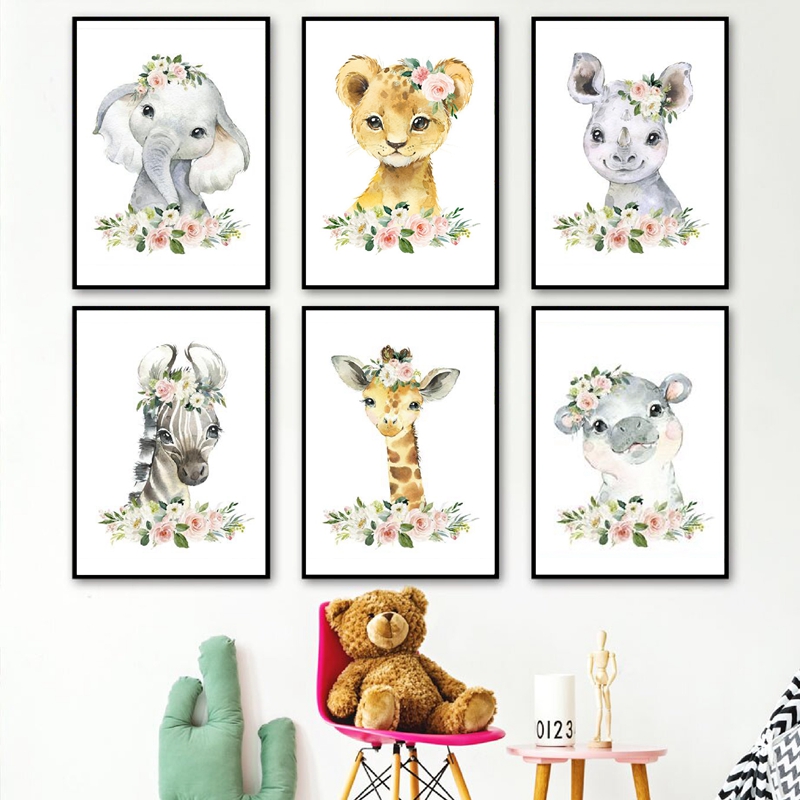 Baby Nursery Girl Room - ภาพพิมพ์บนผ้าใบลายดอกไม้และสัตว์ป่า ตกแต่งห้องเด็ก ลายช้าง ยีราฟ ภาพวาดติดผนัง โปสเตอร์สไตล์นอร์ดิก