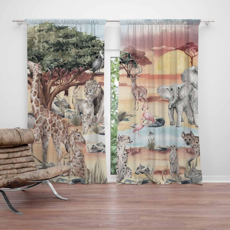 Baby Nursery Curtains - ผ้าม่านลายสัตว์ซาฟารีสำหรับห้องนอนเด็ก ผ้าม่านกันแสงสำหรับห้องเด็ก ตกแต่งห้องเด็กอ่อน ห้องนอนเด็ก ห้องนั่งเล่นลายแอฟริกัน