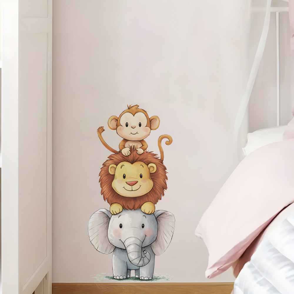 Animals Baby Nursery - สติ๊กเกอร์ติดผนังรูปสัตว์ป่าแสนน่ารักสำหรับห้องเด็ก ตกแต่งห้องเด็ก วอลเปเปอร์ไวนิล ช้าง สิงโต