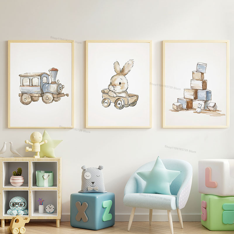 Baby Nursery Themes - ภาพพิมพ์บนผ้าใบลายการ์ตูนสไตล์นอร์ดิก รูปหมี ม้า กระต่าย ธีมหนังสือ สำหรับตกแต่งห้องเด็กอ่อน