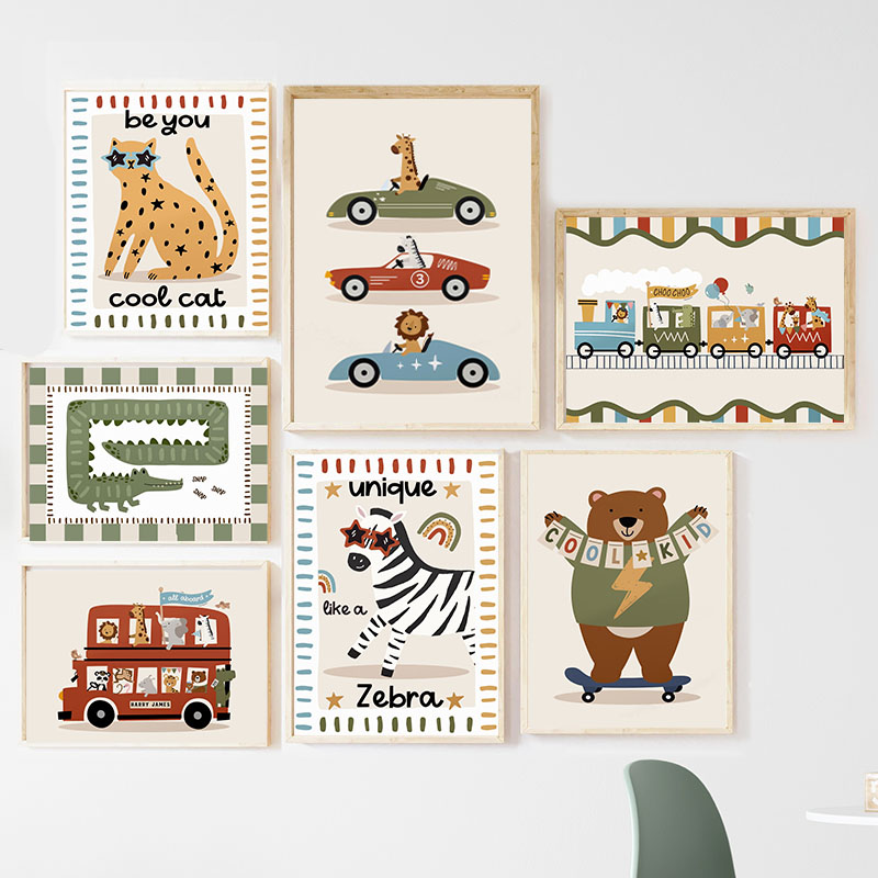 Animals Baby Nursery - ภาพวาดการ์ตูนสัตว์ตลกๆ สำหรับตกแต่งผนังห้องเด็ก ภาพพิมพ์บนผ้าใบ ลายเสือดาว หมี ม้าลาย