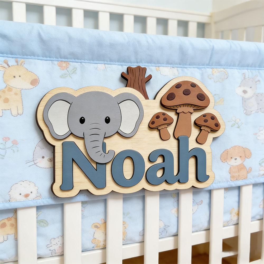Baby Nursery Elephant Theme - ป้ายชื่อไม้รูปช้างและเห็ดแบบปรับแต่งได้ ป้ายประตูไม้ส่วนตัวสำหรับเด็กชายและเด็กหญิง ตกแต่งห้องเด็กธีมป่า