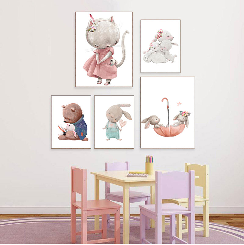 Baby Nursery Art - ภาพพิมพ์ศิลปะตกแต่งแบบไม่มีกรอบ 1 ชิ้น, ภาพพิมพ์บนผ้าใบลายหมีกระต่าย, โปสเตอร์กระต่ายน้อย, ภาพวาดสำหรับตกแต่งห้องเด็ก,