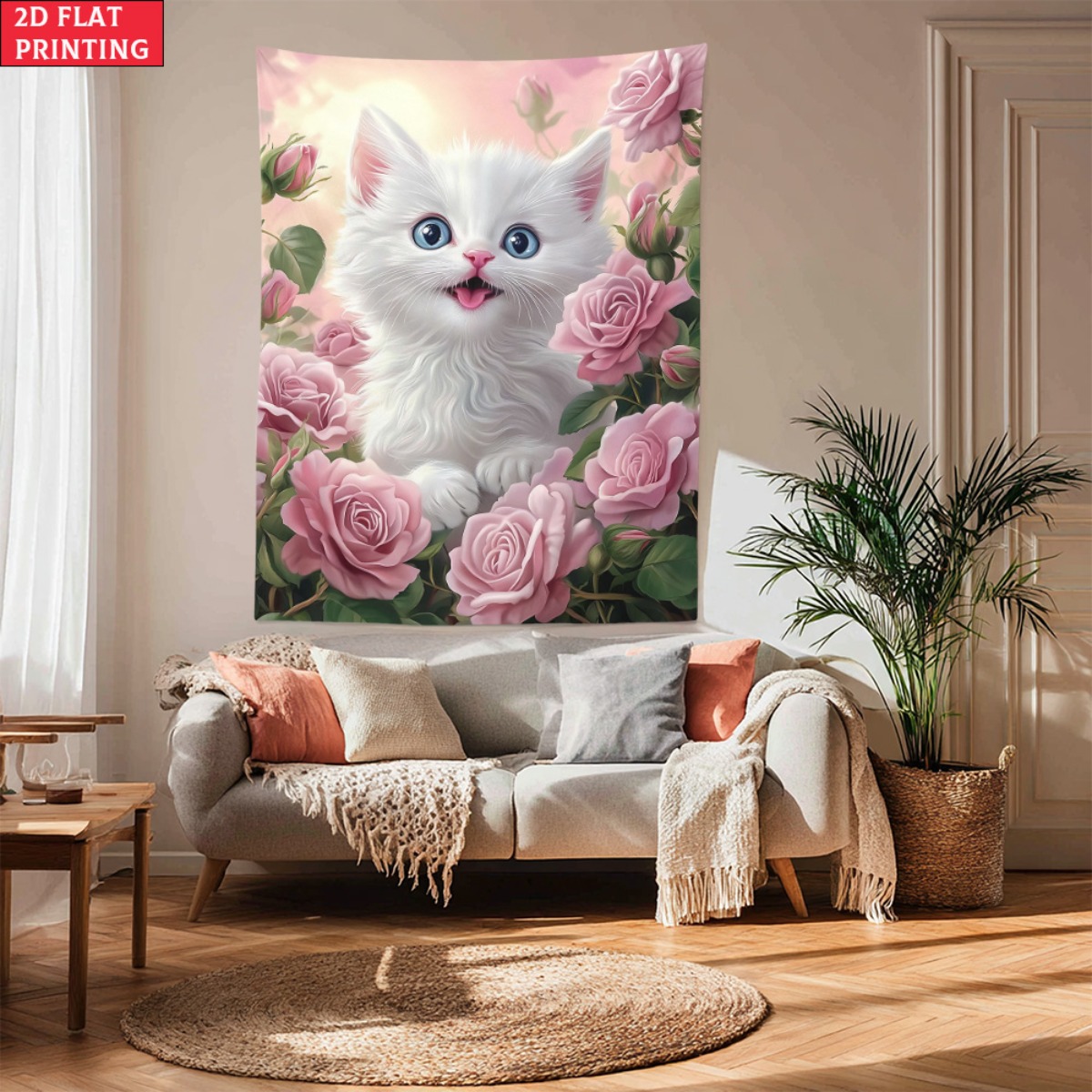 Baby Nursery Colors - พรมแขวนผนังลายแมวน้อยสีขาวน่ารักในสวนกุหลาบ ศิลปะตกแต่งผนังห้องนอน โทนสีพาสเทลอ่อนๆ สำหรับห้องเด็กอ่อน