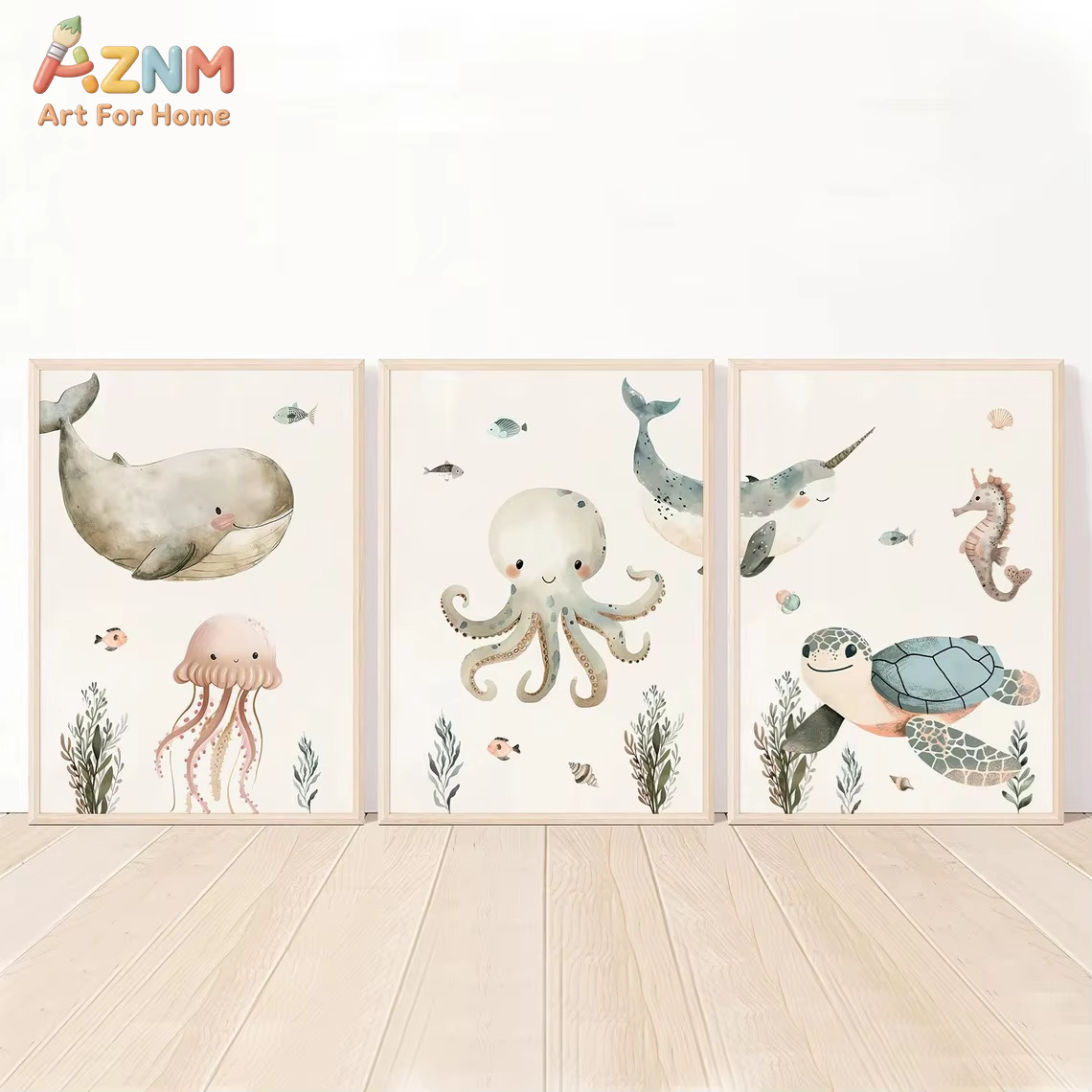 Animals Baby Nursery - AZNM สีน้ำน่ารักสัตว์ทะเลศิลปะบนผืนผ้าใบติดผนังวาฬปลาหมึกเต่าม้าน้ำพิมพ์ภาพวาดบนผืนผ้าใบไม่มีกรอบสำหรับห้องเด็กอ่อน