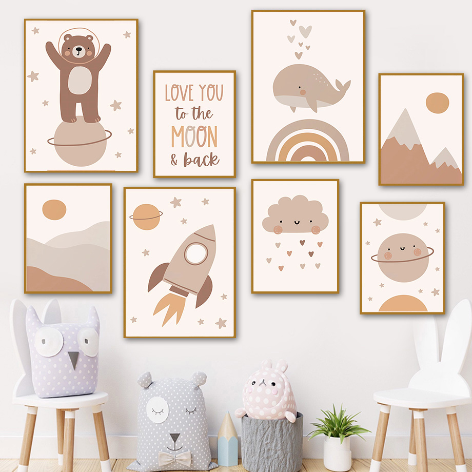Baby Nursery Kids - ภาพพิมพ์บนผ้าใบลายโบโฮ หมี วาฬ จรวด ดาวเคราะห์ ดวงอาทิตย์
