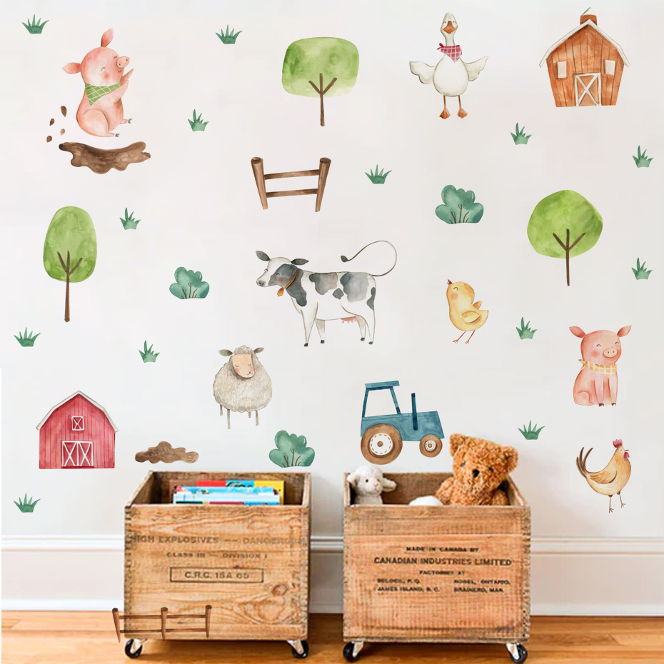 Baby Nursery Furniture - Boho ภาพสีน้ำน่ารักติดฟาร์มสัตว์หมูสติ๊กเกอร์สำหรับเด็กติดผนังห้องเด็กอ่อนรูปลอกติดผนังภาพจิตรกรรมฝาผนังการตกแต่งบ้าน