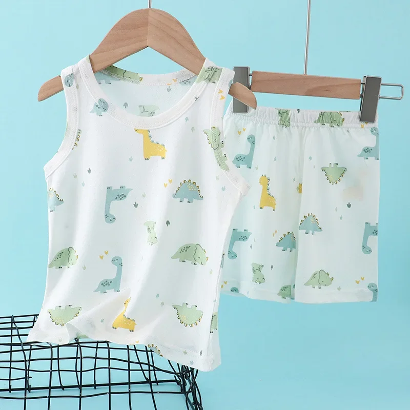 Baby Nursery Ideas Boy - ชุดเสื้อกั๊กผ้าฝ้ายผสมใยไผ่สำหรับเด็ก ลายการ์ตูนน่ารัก ชุดฤดูร้อนแขนกุดบางเบา สำหรับเด็กผู้ชายและเด็กผู้หญิง ชุด 2