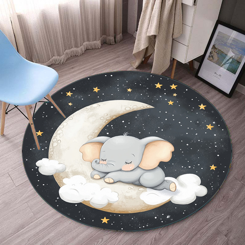 Baby Nursery Elephant Theme - พรมกลมลายช้างน้อย ดวงจันทร์ และดวงดาว สำหรับตกแต่งห้องเด็ก ห้องนอนเด็ก ลายท้องฟ้ายามค่ำคืนแสนฝัน