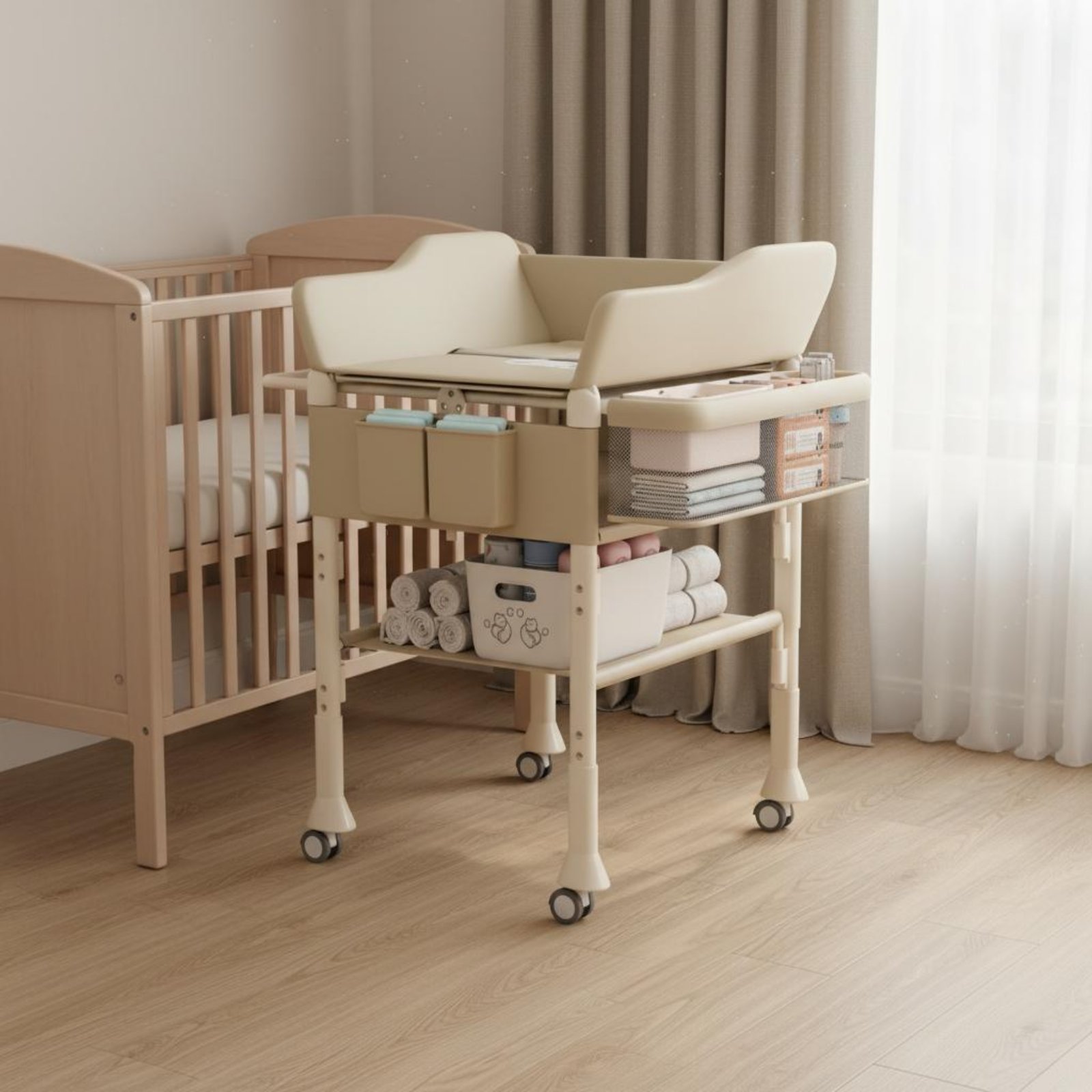 Baby Nursery Furniture - โต๊ะอาบน้ำเด็กแบบ 2 in 1 ปรับระดับความสูงได้ พร้อมโต๊ะเปลี่ยนผ้าอ้อมแบบมีล้อ