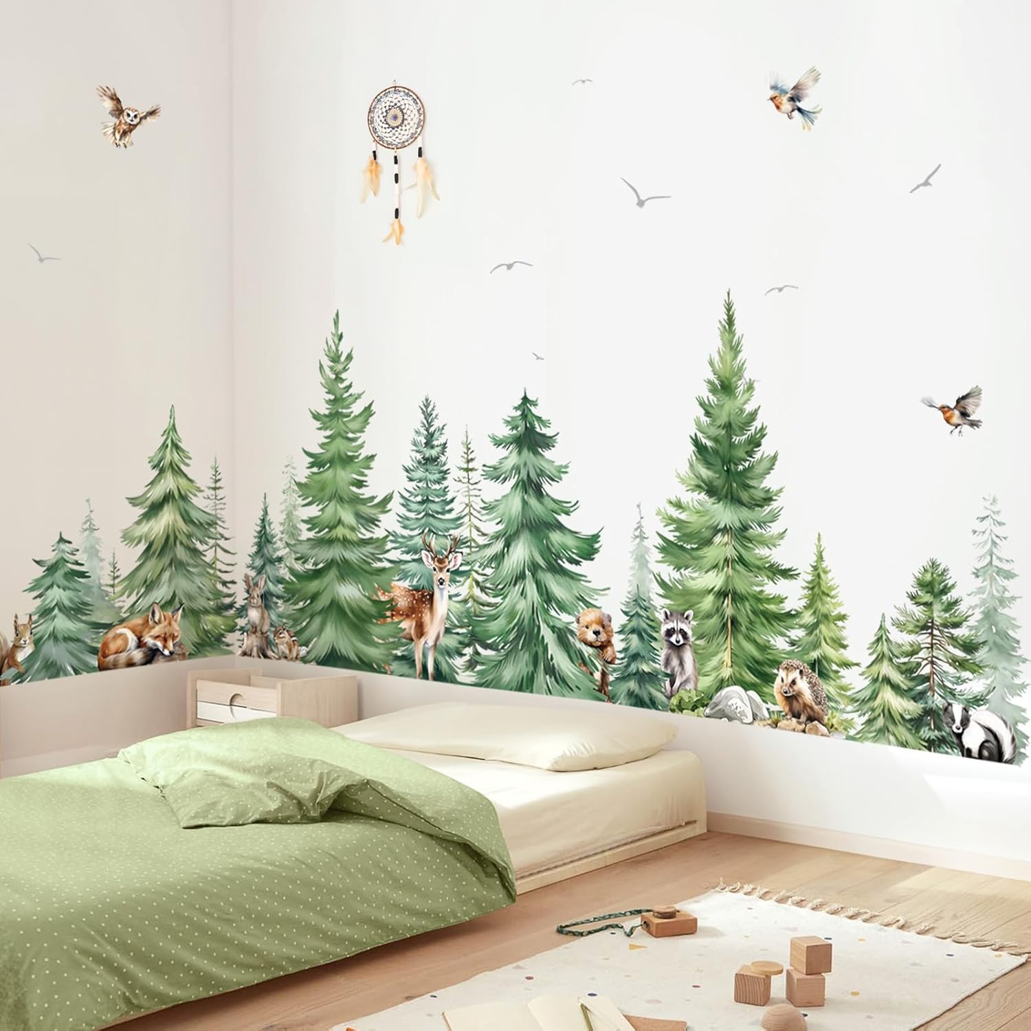 Baby Nursery Panelling - สติ๊กเกอร์ติดผนังลายต้นสนสีน้ำขนาดใหญ่ ลายสัตว์ สำหรับห้องเด็ก ห้องนอน ป่าไม้ ต้นไม้