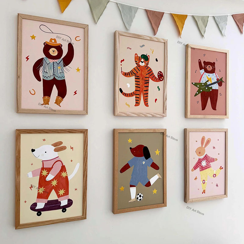 Baby Nursery Art - ภาพวาดการ์ตูนสัตว์น่ารักสำหรับตกแต่งผนังห้องเด็ก ภาพพิมพ์บนผ้าแคนวาส หมี เสือ กระต่าย หนู