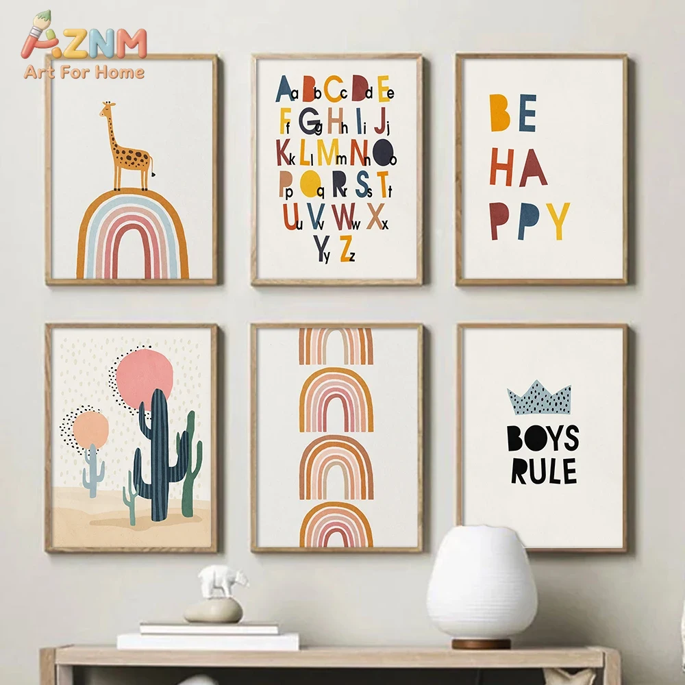 Baby Nursery Letters - โปสเตอร์ตัวอักษรสีรุ้งเพื่อการศึกษา ภาพพิมพ์บนผ้าใบตัวอักษร ABC ของขวัญสำหรับเด็ก ภาพพิมพ์ติดผนังสำหรับตกแต่งห้องเด็ก ตกแต่งห้องเด็กสไตล์โบโฮ