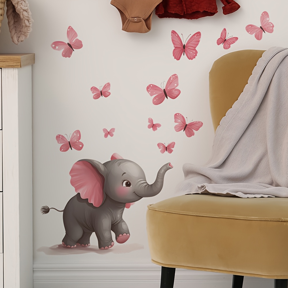 Baby Nursery Elephant Theme - 1 ชิ้น สติ๊กเกอร์ติดผนังลายช้างและผีเสื้อสำหรับเด็ก, แบบติดเองได้, เหมาะสำหรับห้องเด็ก, ห้องนอน,