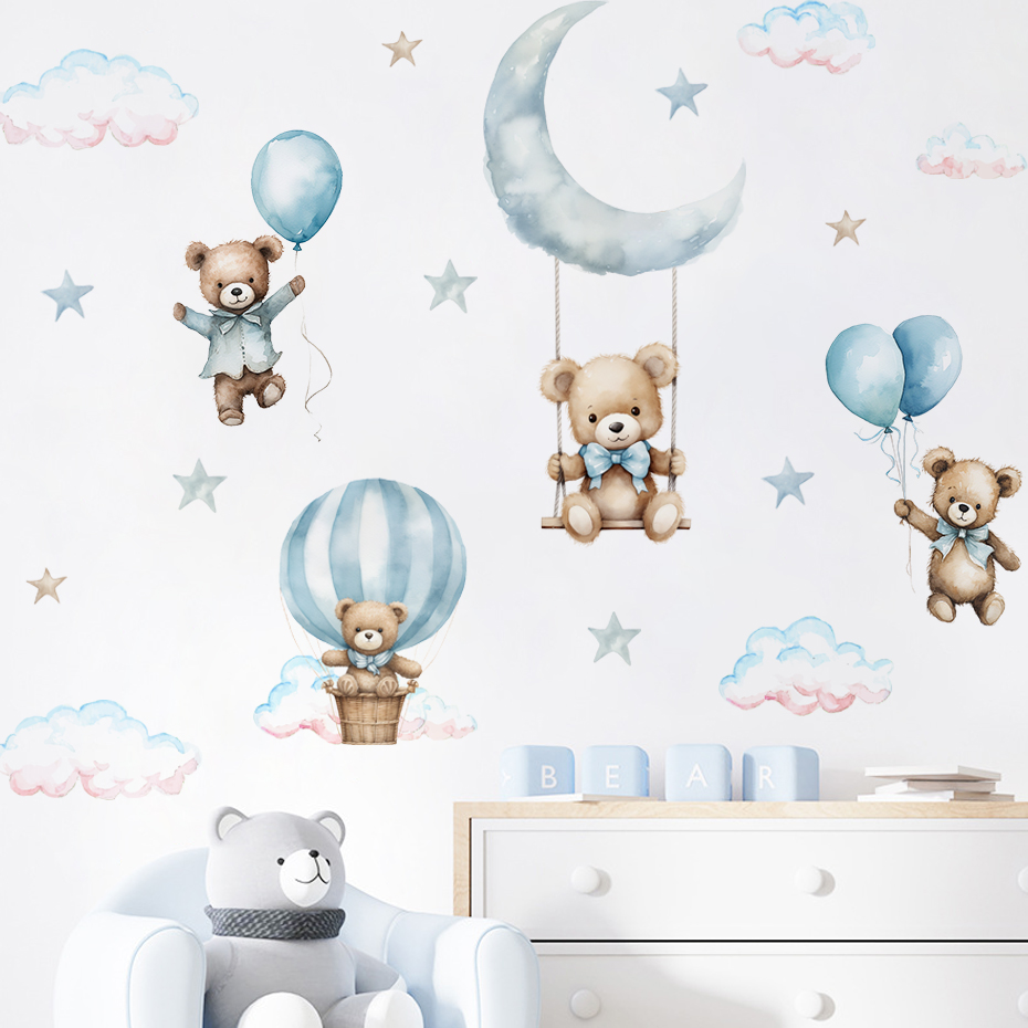 Baby Nursery Furniture - สีน้ําหมี Hot Air บอลลูน Cloud สติ๊กเกอร์ติดผนังสีฟ้าสําหรับห้องเด็ก