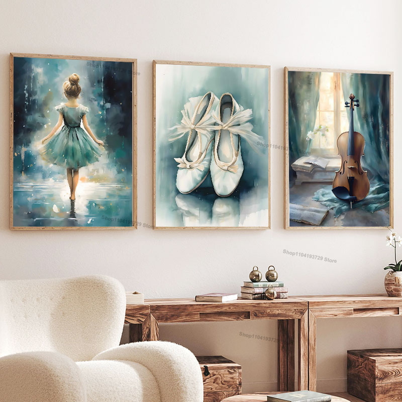 Baby Nursery Girl Room - ภาพวาดสีน้ำ บัลเลต์ เด็กผู้หญิง รองเท้า เชลโล ภาพศิลปะติดผนังห้องเด็ก