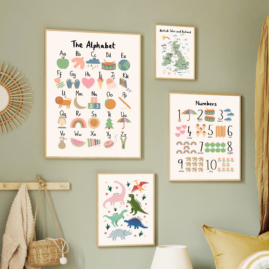 Animals Baby Nursery - แผนที่โลกสัตว์ ไดโนเสาร์ ตัวอักษร ตัวเลข ภาพพิมพ์บนผ้าใบสำหรับตกแต่งผนัง โปสเตอร์ภาพวาดสำหรับเด็กทารก