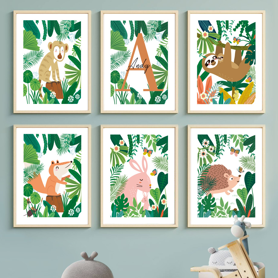 Baby Nursery Colors - ภาพพิมพ์บนผ้าใบสำหรับตกแต่งผนังห้องเด็ก ลายซาฟารีในป่า ภาพสัตว์ป่าหลากสีสัน โปสเตอร์ใบไม้เขตร้อน ตกแต่งห้องเด็กชายแบบกลางๆ ไม่จำกัดเพศ