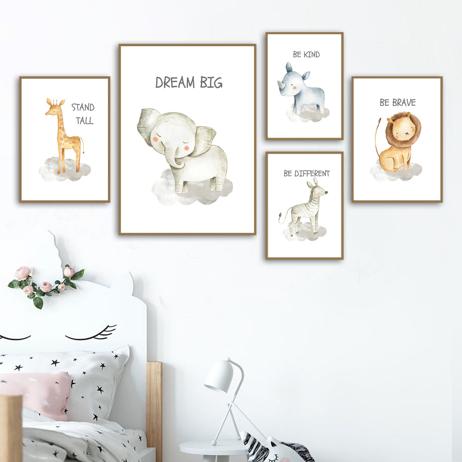 Baby Nursery Mirror - Nursery Wall Art ภาพวาดผ้าใบสิงโตช้างยีราฟ ZEBRA Tiger
