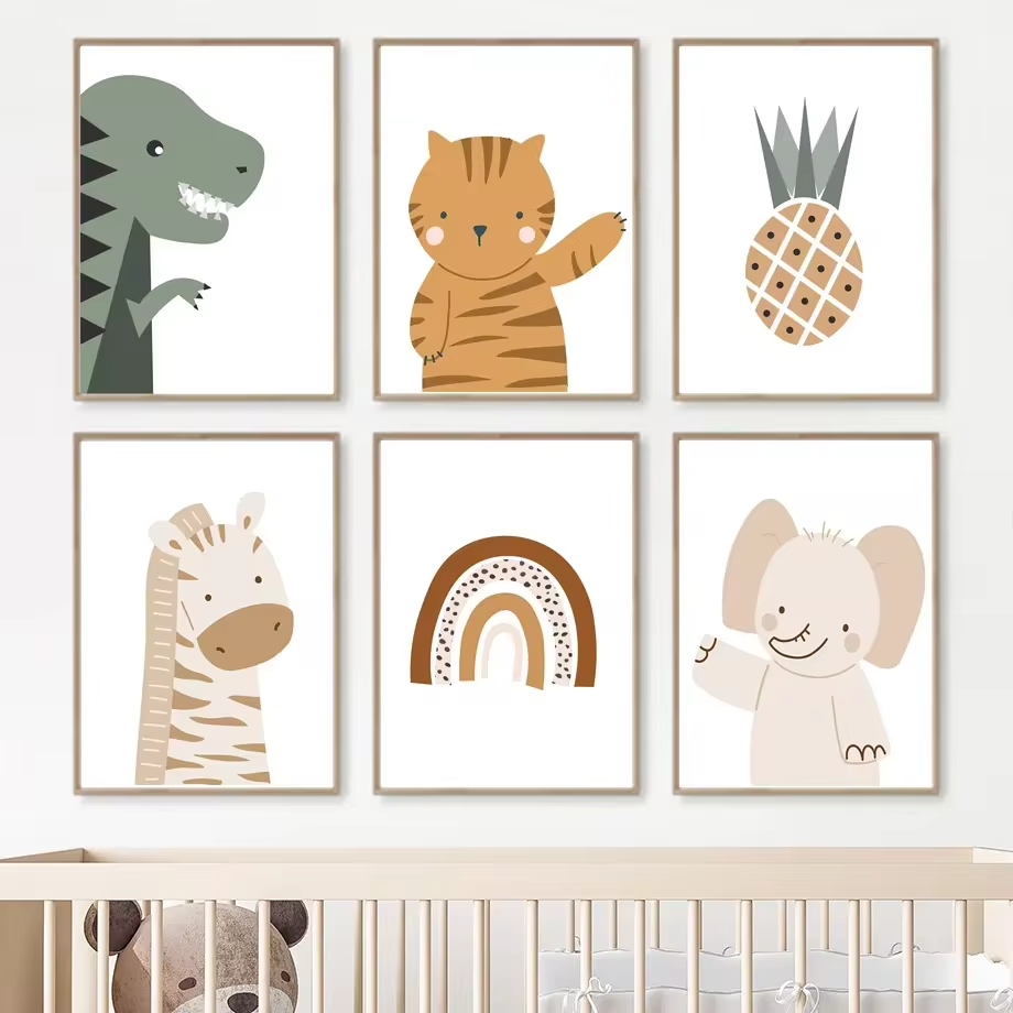 Baby Nursery Mirror - รุ้งดวงอาทิตย์สิงโตไดโนเสาร์ภาพวาดผ้าใบพิมพ์ลายศิลปะบนผนังโบโฮโปสเตอร์นอร์ดิกภาพติดผนังของตกแต่งห้องเด็กเล็ก