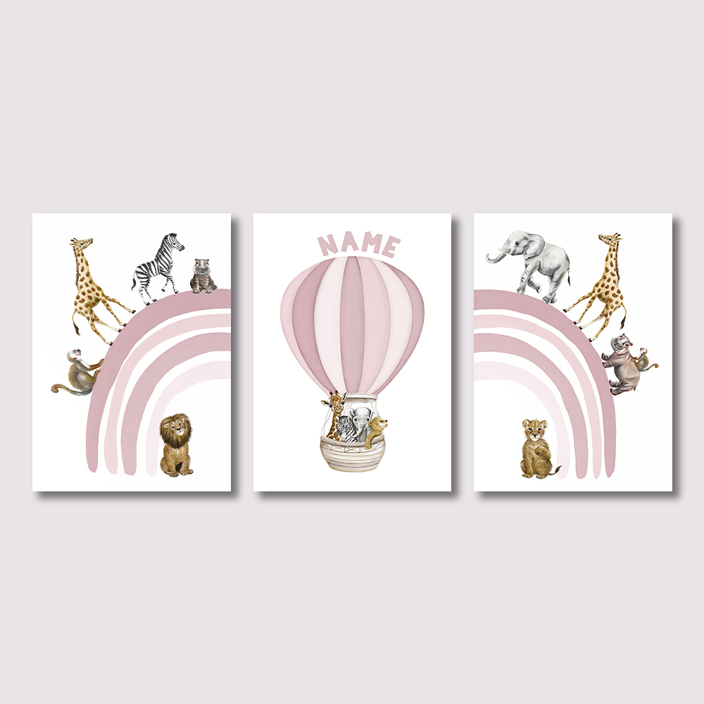 Baby Nursery Kids - ภาพพิมพ์ผ้าแคนวาสลายสัตว์ซาฟารี 3 ชิ้น, ภาพบอลลูนลมร้อนสีชมพูรุ้ง สำหรับตกแต่งผนังห้องนอนเด็กผู้หญิง