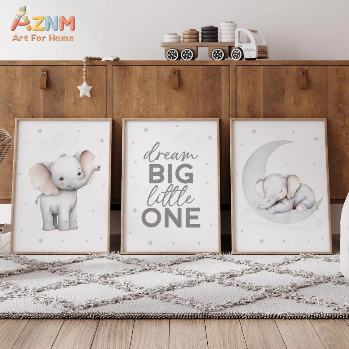 Baby Nursery Elephant Theme - AZNM ชุดภาพพิมพ์ลายช้างสำหรับตกแต่งห้องเด็กอ่อน โทนสีกลาง ตกแต่งห้องธีมซาฟารี ภาพพิมพ์โปสเตอร์บนผ้าแคนวาส HD