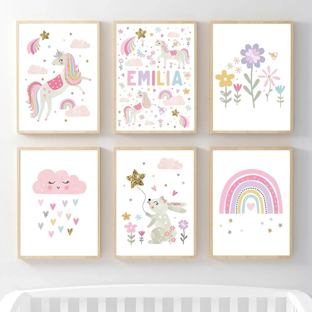 Baby Nursery Girl Room - สีชมพูยูนิคอร์นกระต่ายสายรุ้งเมฆดอกไม้ศิลปะบนผนังสำหรับสถานรับเลี้ยงเด็กภาพวาดผ้าใบโปสเตอร์และภาพพิมพ์ภาพติดผนังเด็กทารกตกแต่งห้อง