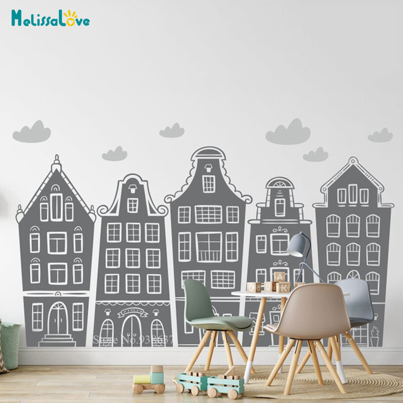 Baby Nursery Furniture - สแกนดิเนเวียนบ้านและเมฆ Decal เนอสเซอรี่เด็กห้องเด็กเล่นสติกเกอร์ Handpainted บ้านการ์ตูนเด็กอัมสเตอร์ดัม House
