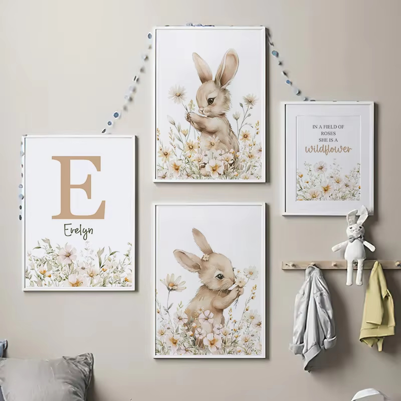 Baby Nursery Mirror - ฤดูใบไม้ร่วงกระต่ายดอกไม้ Daisy Nursery Wall Art ภาพวาดผ้าใบ