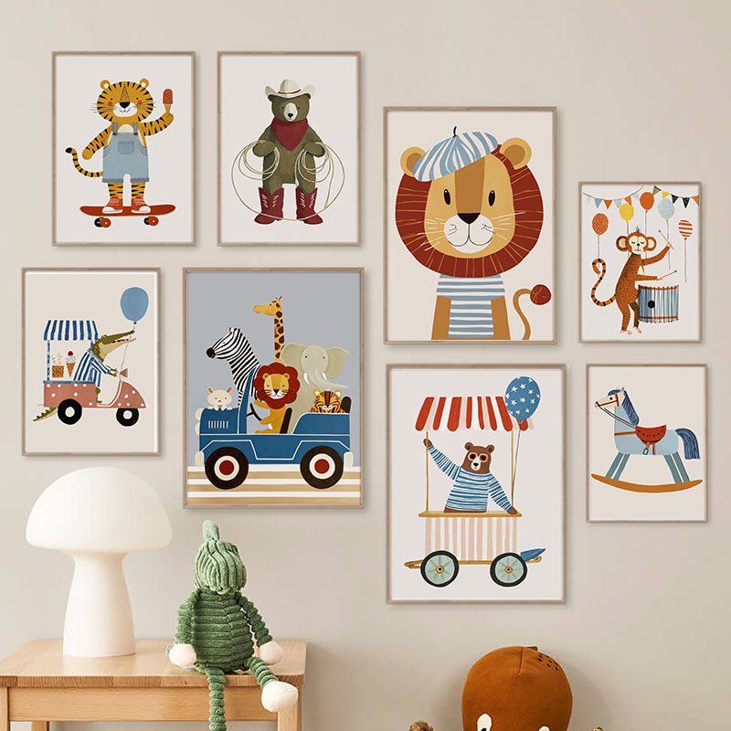 Baby Nursery Kids - ภาพวาดการ์ตูนสัตว์ตลกๆ สำหรับตกแต่งผนังห้องเด็ก ภาพพิมพ์บนผ้าใบ ลายสิงโต หมี เสือ