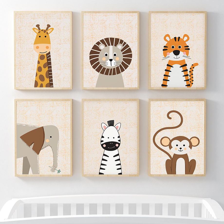 Animals Baby Nursery - ภาพวาดบนผ้าใบลายสิงโต ยีราฟ ช้าง ม้าลาย ลิง สำหรับตกแต่งผนังห้องเด็ก