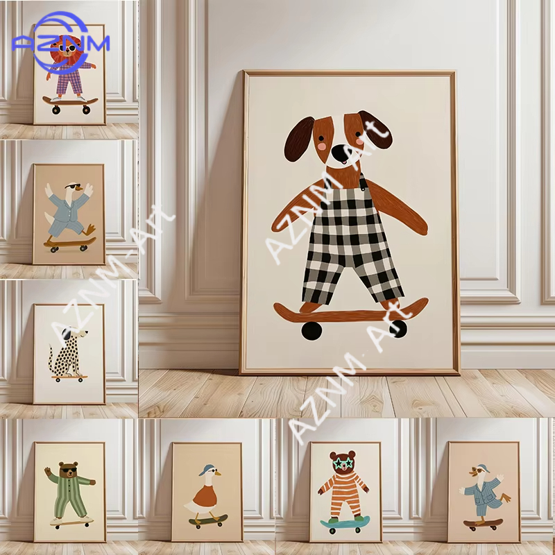 Baby Nursery Art - โปสเตอร์สัตว์ตลกเล่นสเก็ตบอร์ด 1 ชิ้น ภาพพิมพ์บนผ้าใบลายห่าน เป็ด สุนัข
