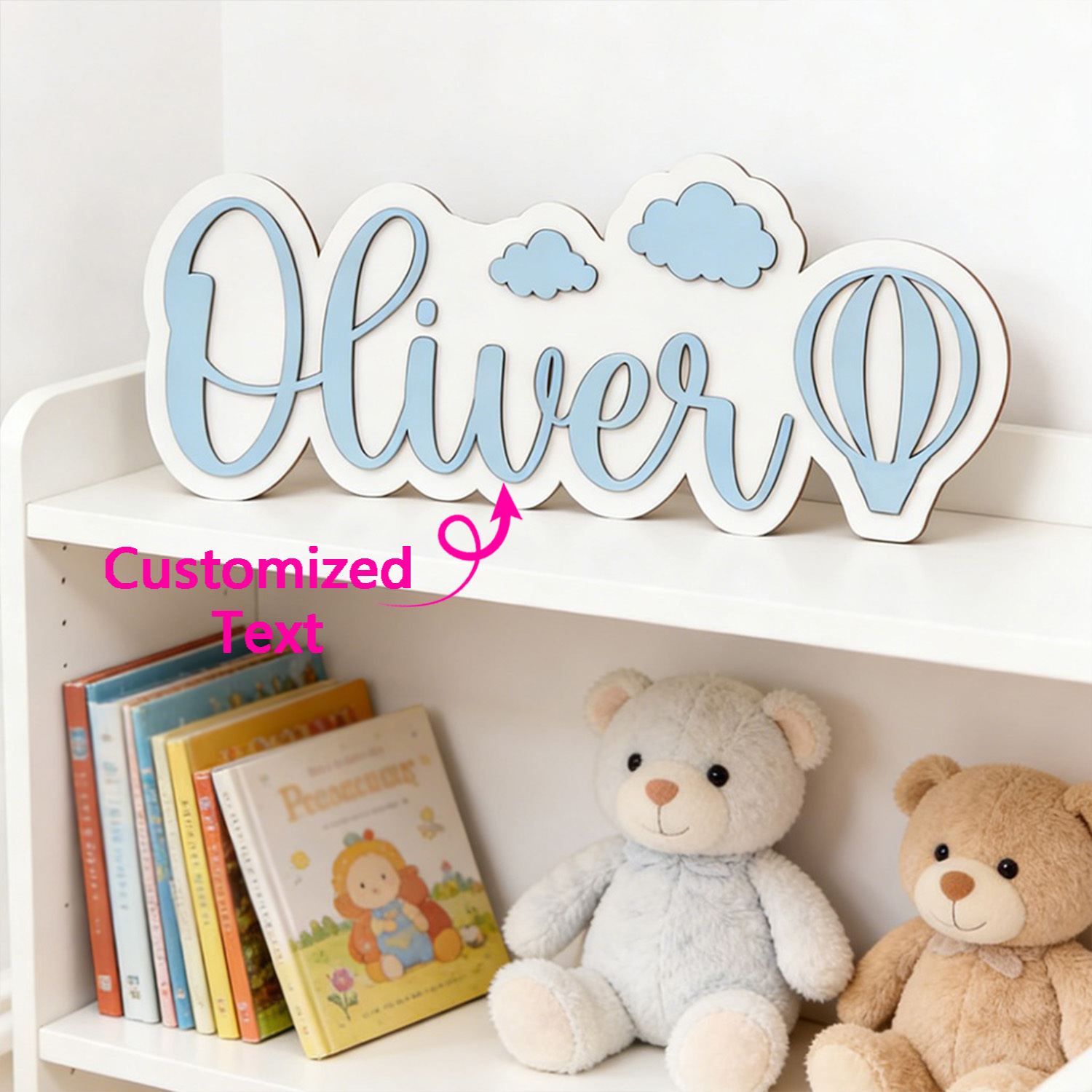 Baby Nursery Letters - ป้ายชื่อห้องรูปบอลลูนลมร้อนและเมฆแบบปรับแต่งได้, ป้ายไม้สีฟ้าพาสเทลที่สามารถปรับแต่งได้, ของตกแต่งห้องนอนเด็ก, ของขวัญแสนหวาน