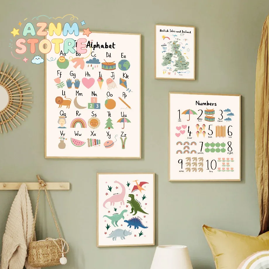 Baby Nursery Kids - แผนที่โลกสัตว์ ไดโนเสาร์ ตัวอักษร ตัวเลข ภาพวาดบนผ้าใบ โปสเตอร์ตกแต่งผนังสำหรับห้องเด็กอ่อน