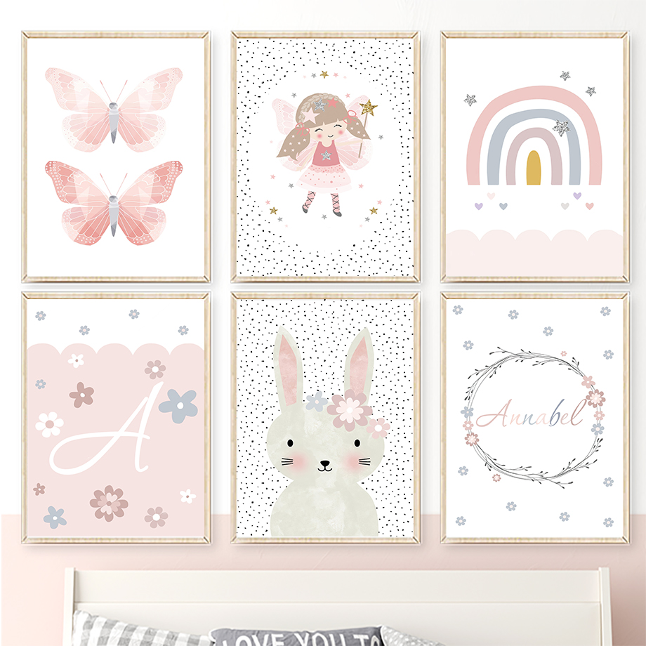 Baby Nursery Girl Room - ภาพวาดบนผืนผ้าใบลายกระต่ายสาวน้อยน่ารัก ดอกไม้ ผีเสื้อ สายรุ้ง สำหรับตกแต่งผนังห้องเด็ก โปสเตอร์และภาพพิมพ์ติดผนังสำหรับห้องเด็กอ่อน