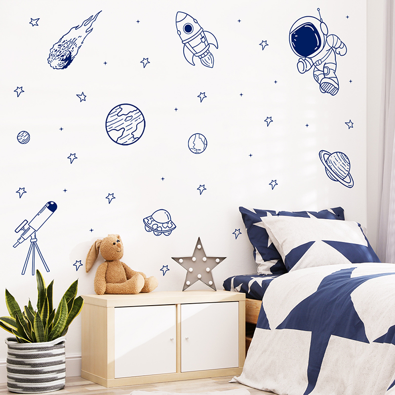 Baby Nursery Furniture - สติ๊กเกอร์ติดผนังลายการ์ตูนจักรวาล นักบินอวกาศ ดาวเคราะห์ จรวด แบบลอกติดเอง สำหรับตกแต่งห้องเด็ก