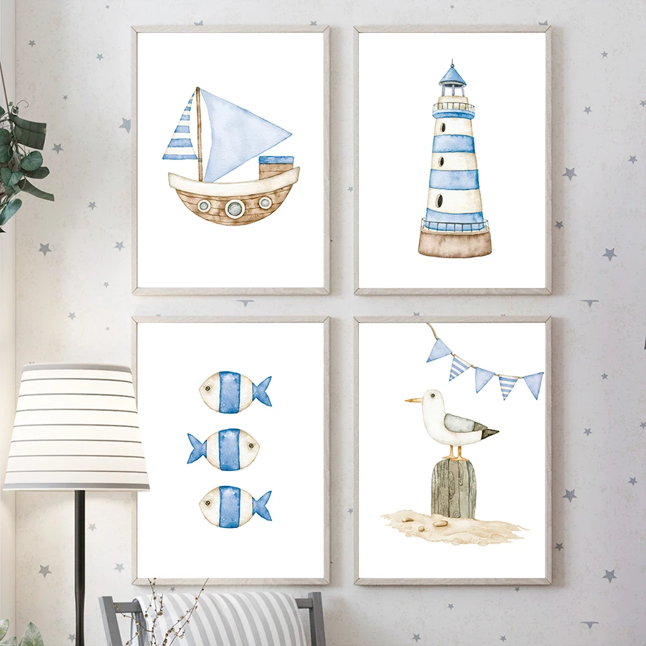 เรือใบ ประภาคาร ปลา ภาพพิมพ์แน - Baby Nursery Art บทวิจารณ์และราคา