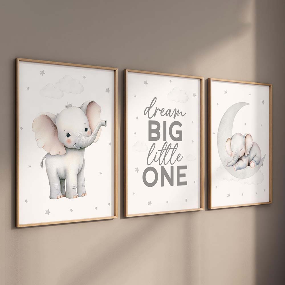 ภาพวาดบนผ้าใบไร้กรอบ 3 ชิ้น ชุ - Baby Nursery Elephant Theme บทวิจารณ์และราคา