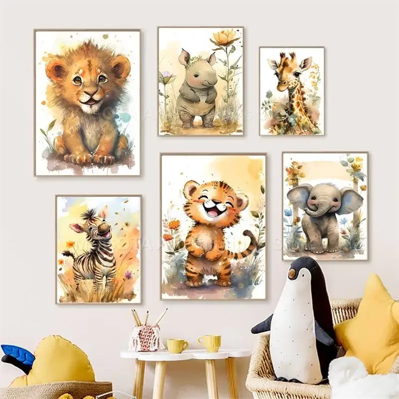 ภาพวาดสีน้ำ ลายสิงโต ยีราฟ เสื - Baby Nursery Kids บทวิจารณ์และราคา