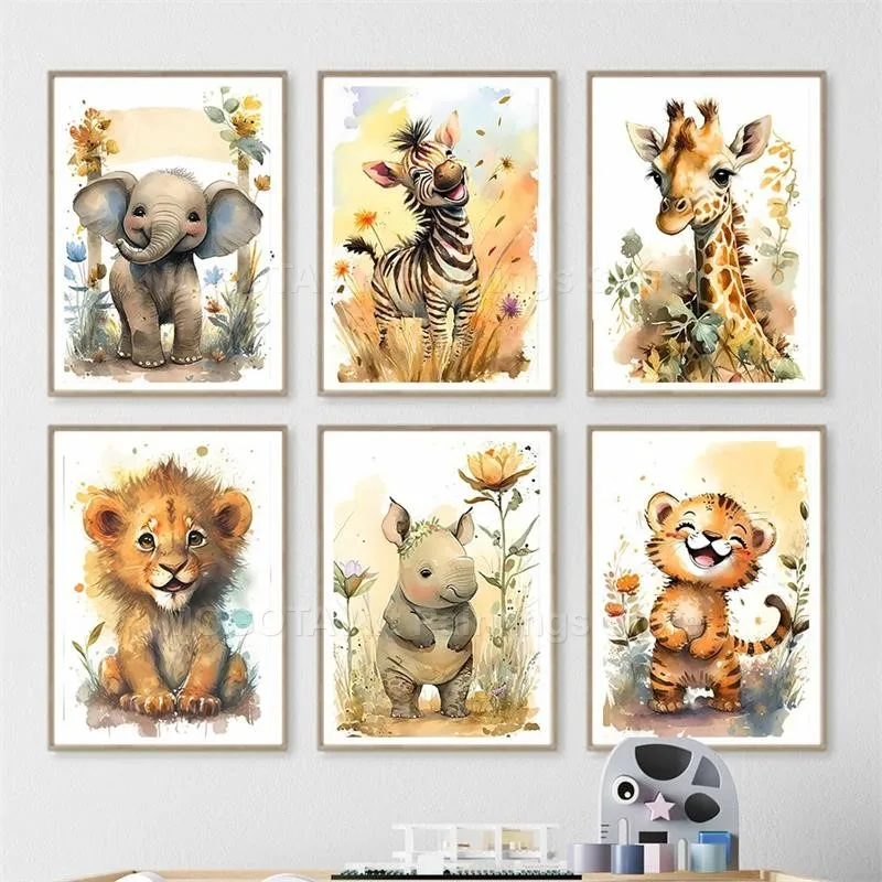 สีน้ำสิงโตยีราฟเสือช้างม้าลายเ - Baby Nursery Art บทวิจารณ์และราคา